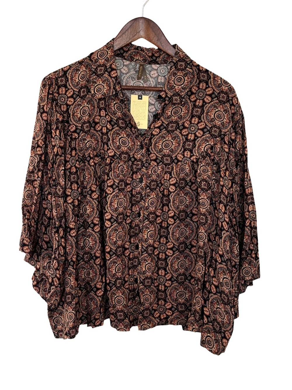 Stetson Black and Brown Boxy Blouse with Notched Collar